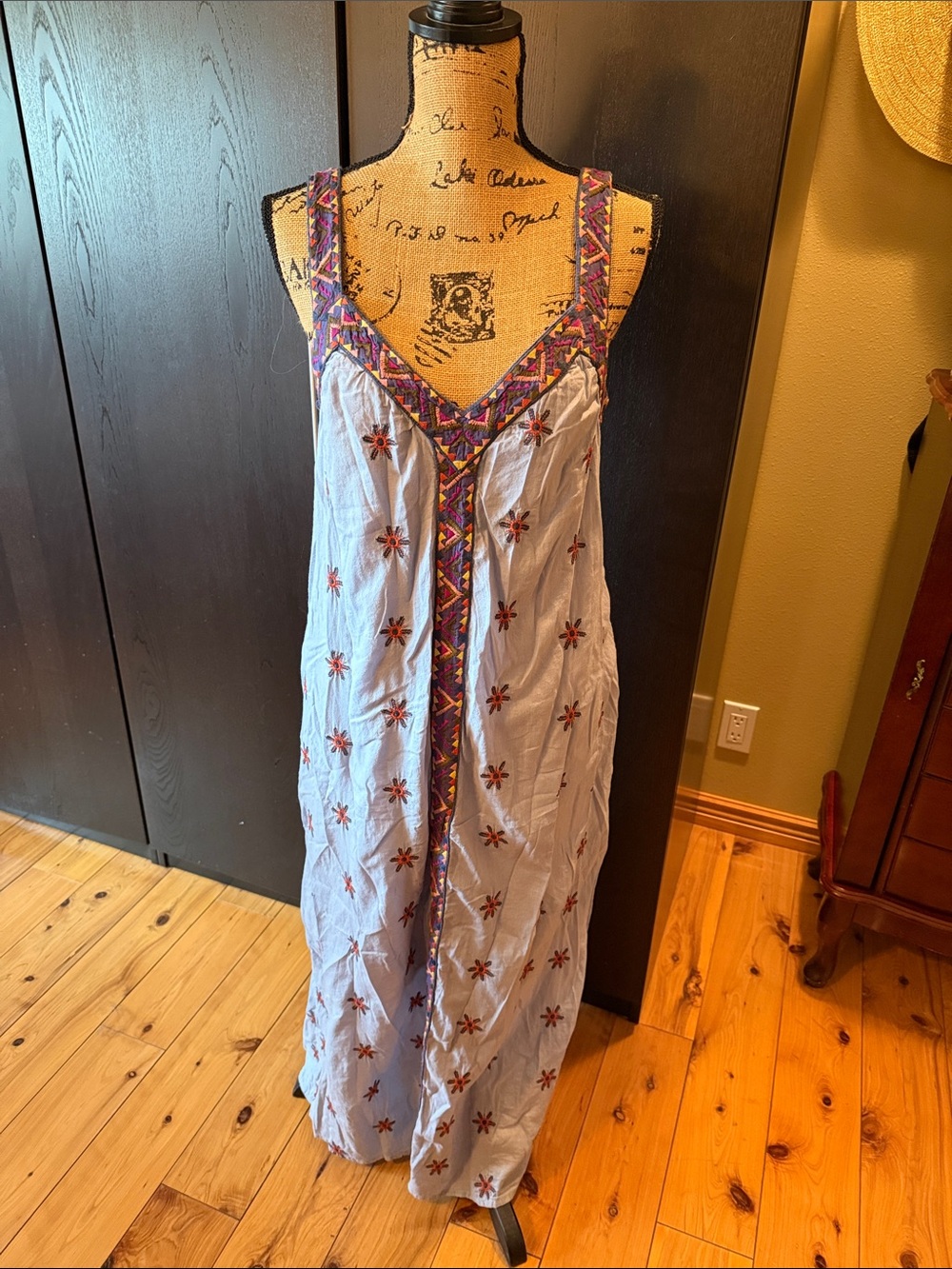 Sundance Light Blue Sz Small Embroidered Maxi Dress with Multicolor Trim